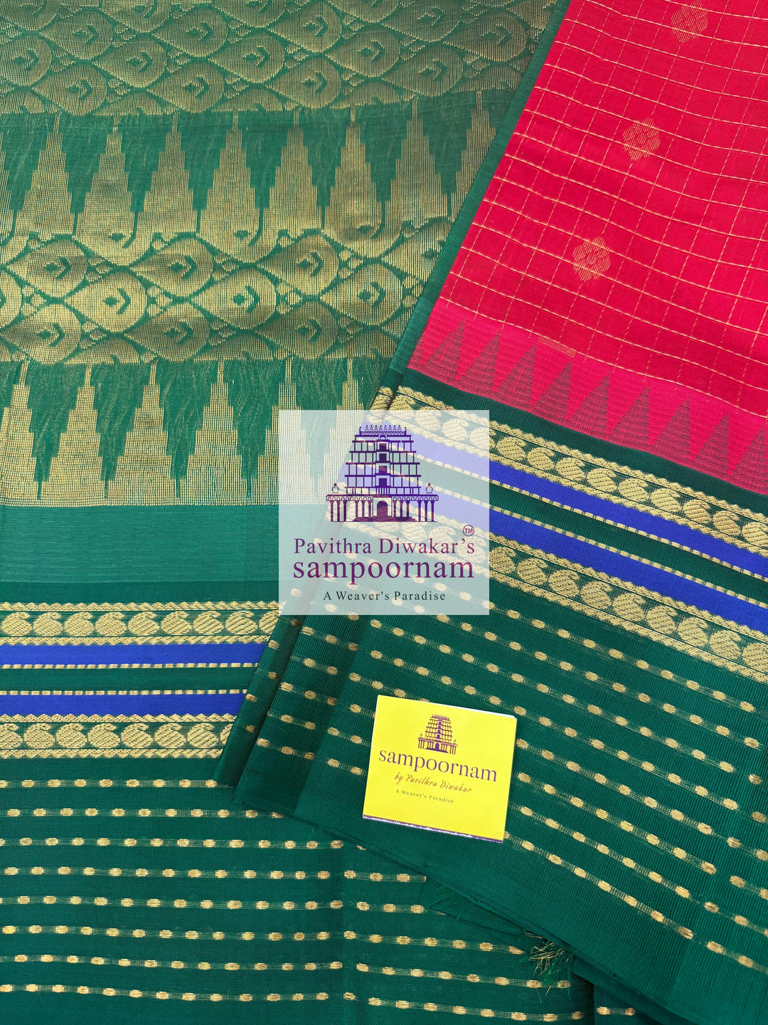 Red with Green, Lakshadeepam One Side Big Border, Zari Body Checks with Butta in the Body and Grand Pallu, Korvai Silk Cotton Saree