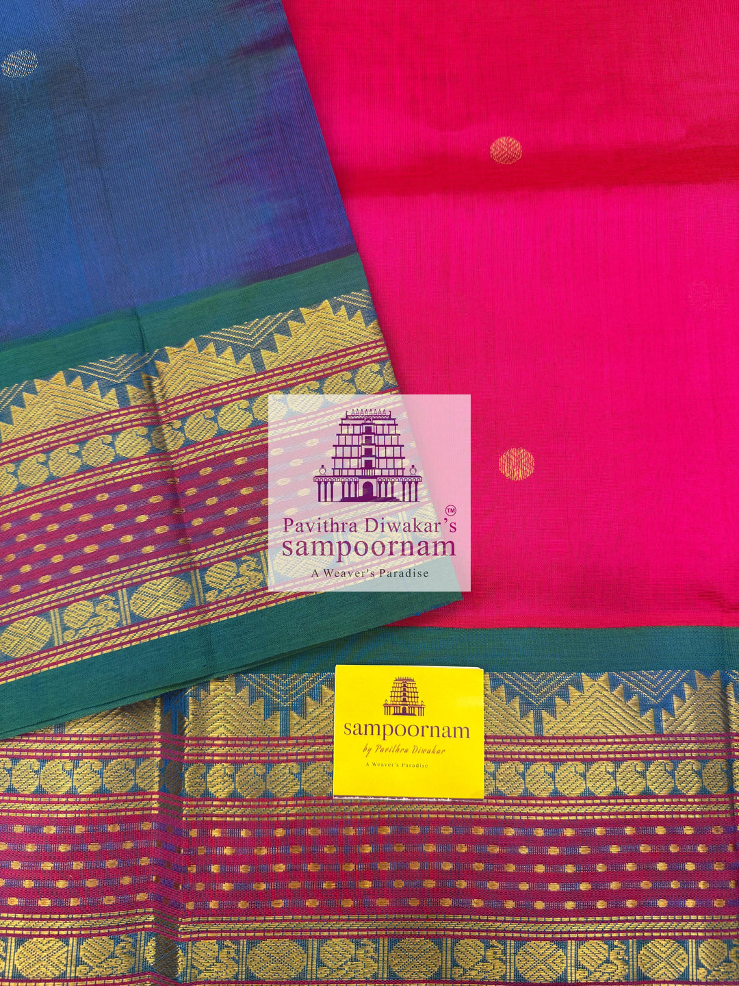 Magenta with Mayil Kazhuthu Blue, Zari Butta in the Body, Rettapet Lakshadeepam Butta Borders and Grand Pallu Korvai Silk Cotton Saree
