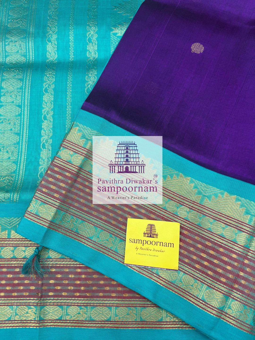 Purple with Turquoise Blue, Rettapet Lakshadeepam Border , Zari Butta in the Body and Grand Pallu , Korvai Silk Cotton Saree