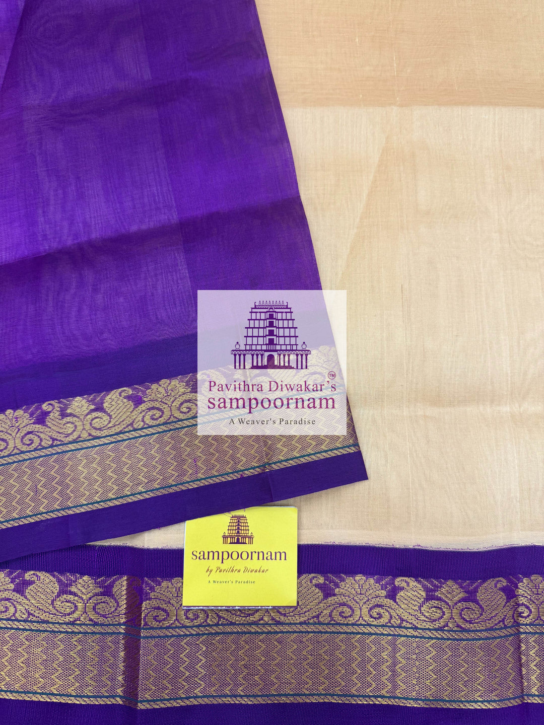 Biscuit with Purple, traditional Borders and Rich Pallu Korvai Silk Cotton Saree