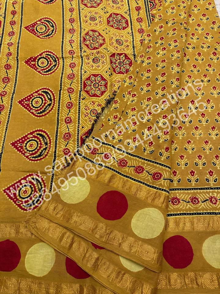 Mustard , Ajrakh Handblock Printed with Rudraksh Border , Sungudi Cotton Saree