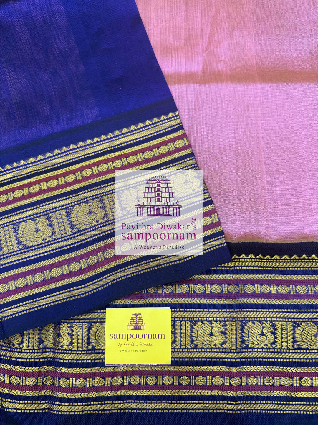 Muave with Indigo Blue, traditional Kanchi Borders and Grand Pallu Korvai Silk Cotton Saree