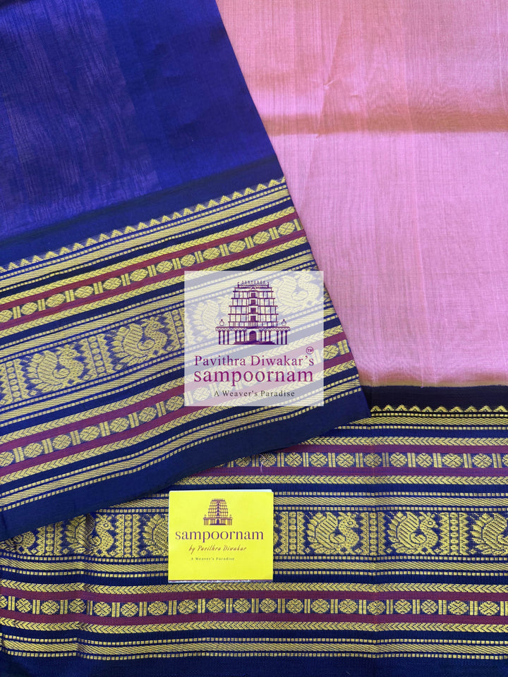 Muave with Indigo Blue, traditional Kanchi Borders and Grand Pallu Korvai Silk Cotton Saree
