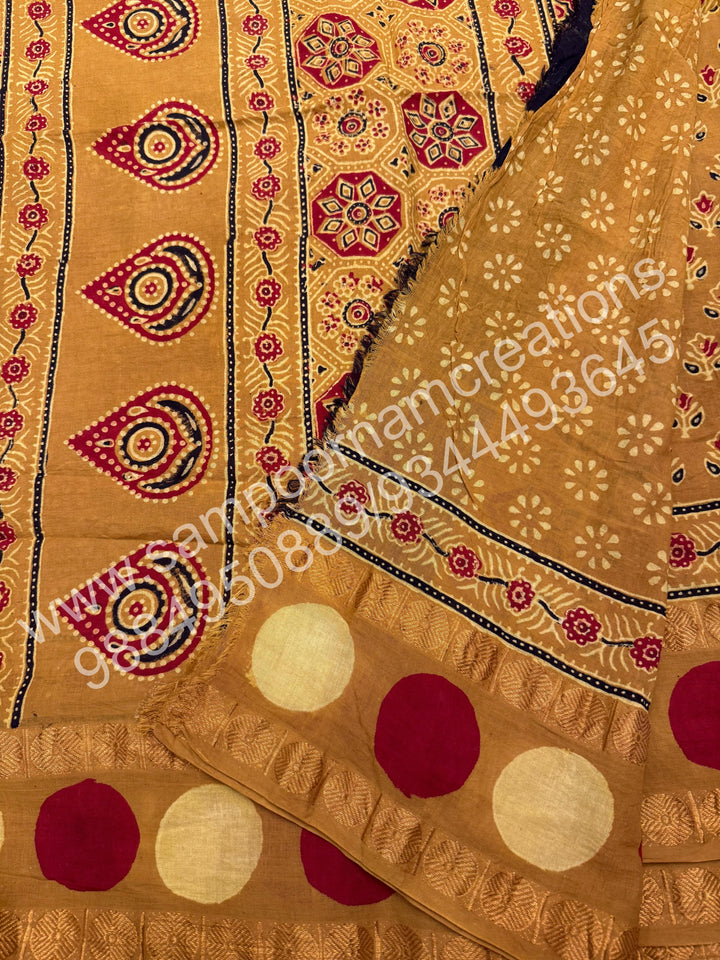 Mustard , Ajrakh Handblock Printed with Rudraksh Border , Sungudi Cotton Saree