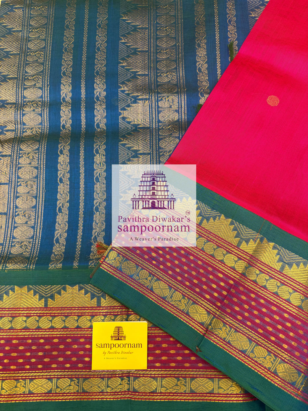 Magenta with Mayil Kazhuthu Blue, Zari Butta in the Body, Rettapet Lakshadeepam Butta Borders and Grand Pallu Korvai Silk Cotton Saree