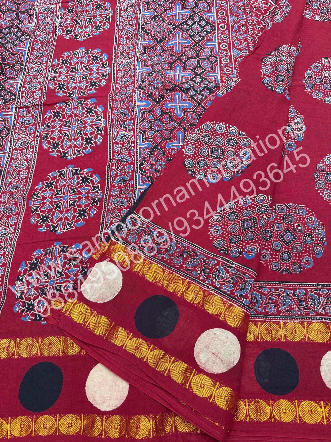 Red , Ajrakh Handblock Printed with Rudraksh Border , Sungudi Cotton Saree