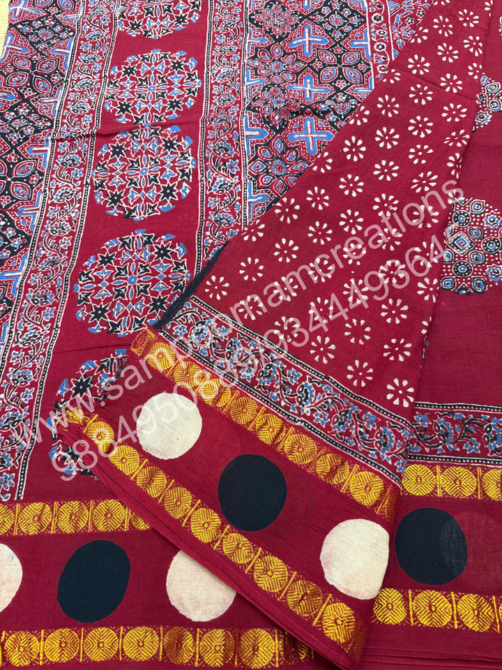Red , Ajrakh Handblock Printed with Rudraksh Border , Sungudi Cotton Saree