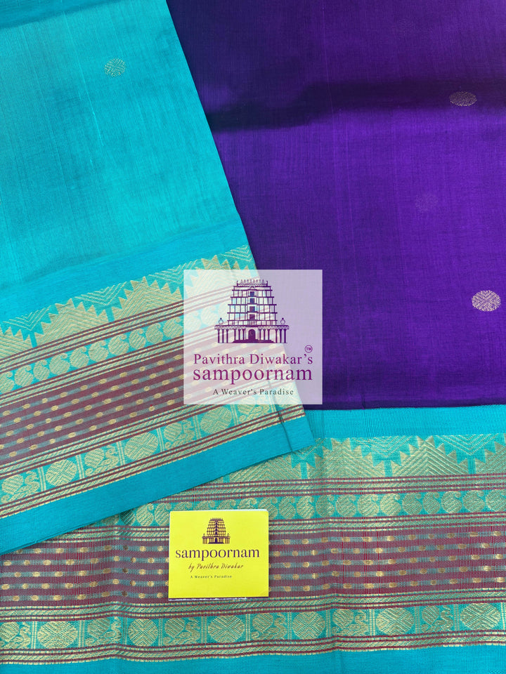 Purple with Turquoise Blue, Rettapet Lakshadeepam Border , Zari Butta in the Body and Grand Pallu , Korvai Silk Cotton Saree