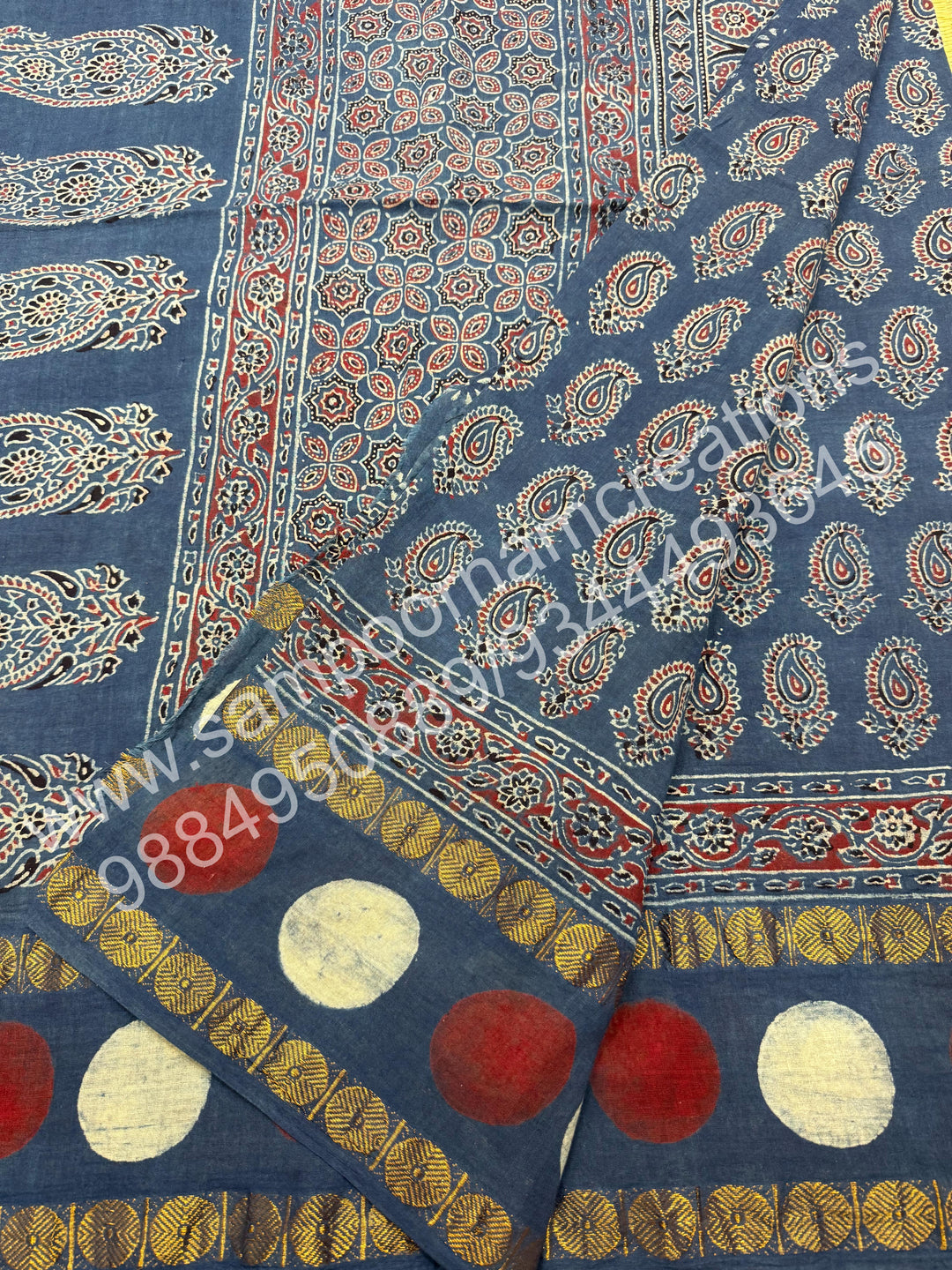 Blue , Ajrakh Handblock Printed with Rudraksh Border , Sungudi Cotton Saree