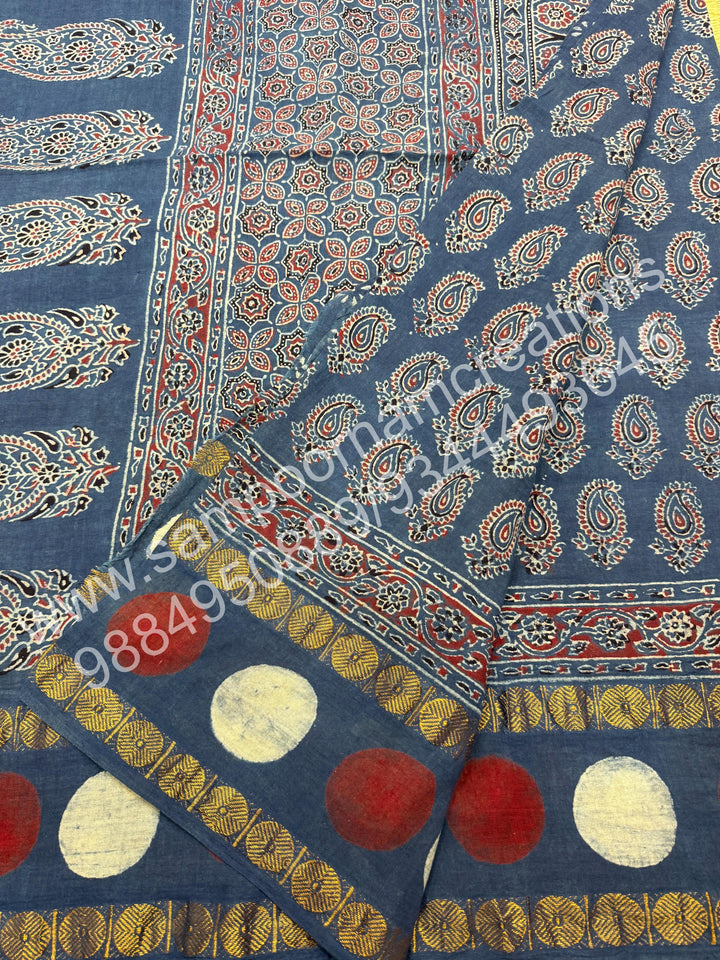 Blue , Ajrakh Handblock Printed with Rudraksh Border , Sungudi Cotton Saree