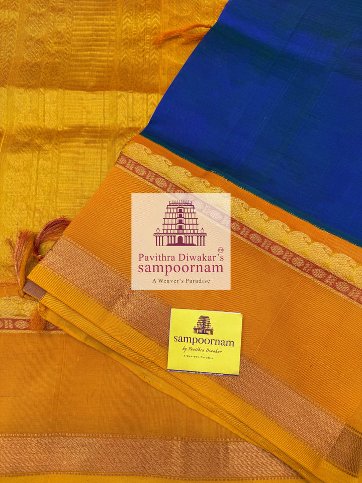 MS Blue with Mustard, Traditional rettapet Border, Mango butta in the Body and Grand Pallu , Korvai Silk Cotton Saree