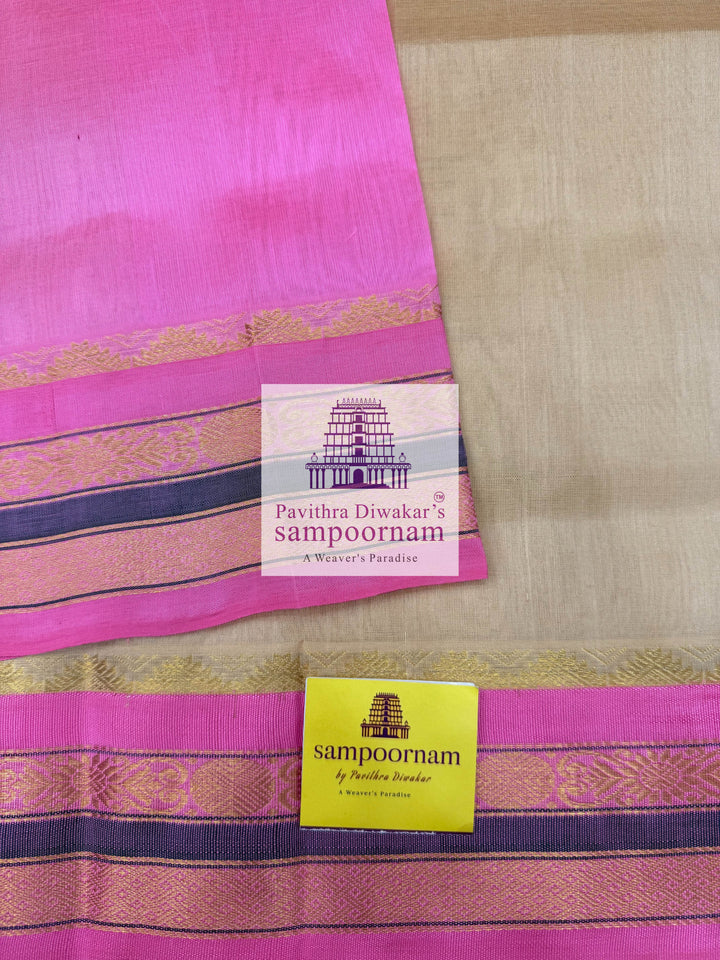 Light Beige with Baby Pink, Traditional Borders and Rich Pallu Korvai Silk Cotton Saree