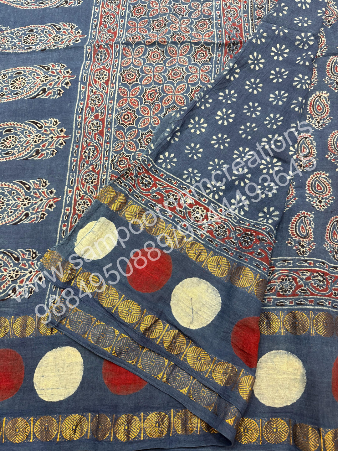 Blue , Ajrakh Handblock Printed with Rudraksh Border , Sungudi Cotton Saree