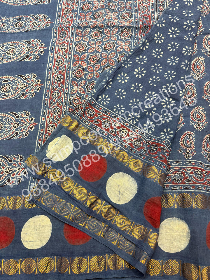 Blue , Ajrakh Handblock Printed with Rudraksh Border , Sungudi Cotton Saree