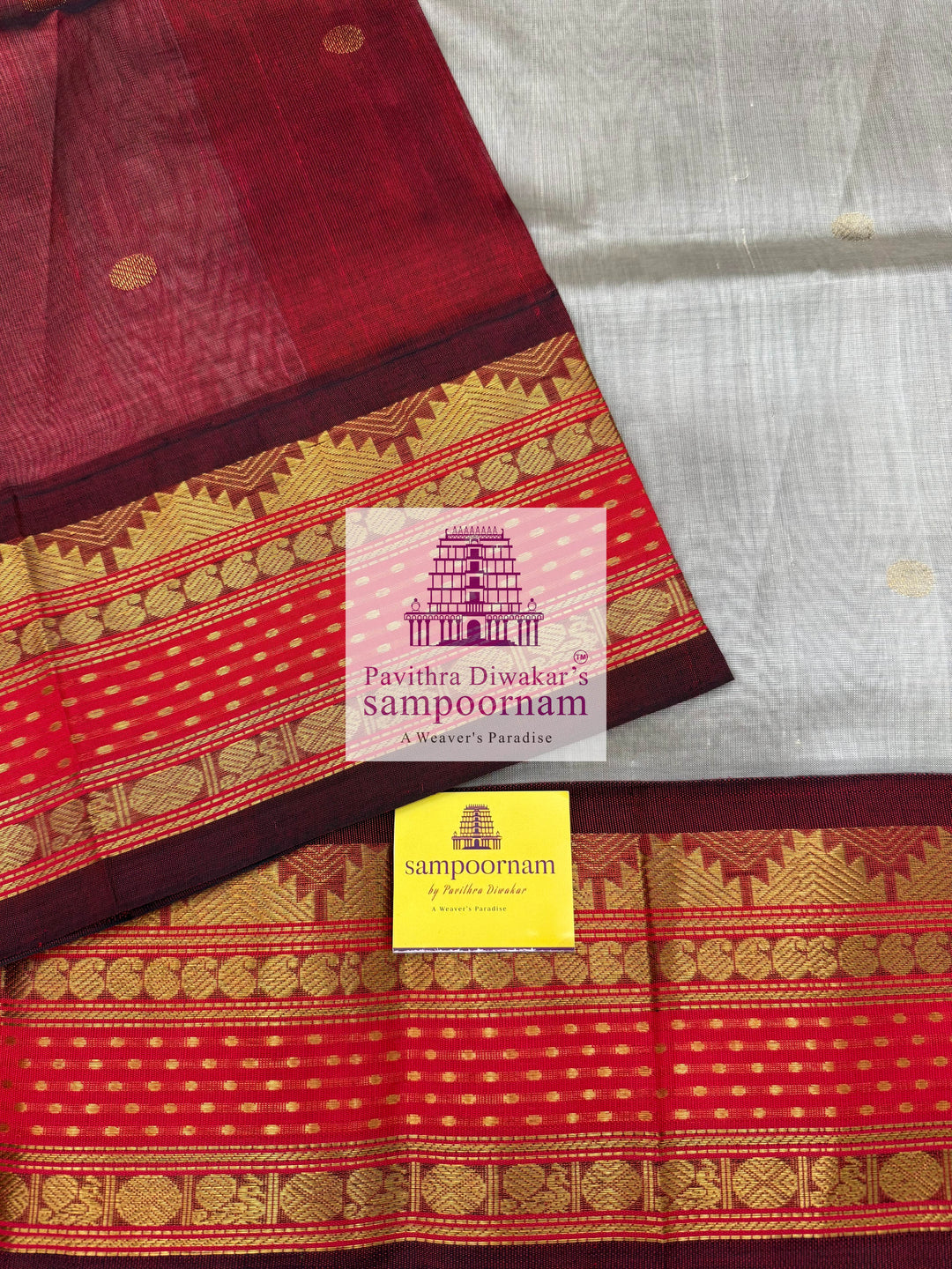 Light Grey with Dark Red, Body Zari Butta, Lakshadeepam Traditional Rettapet Borders, and Grand Pallu KSCS