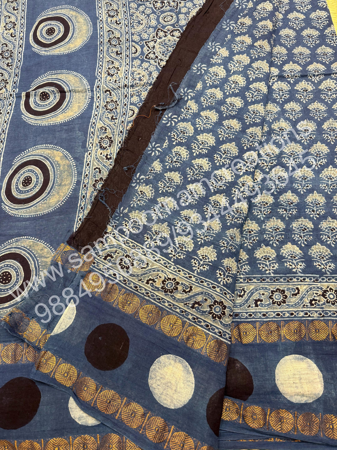 Blue , Ajrakh Handblock Printed with Rudraksh Border , Sungudi Cotton Saree