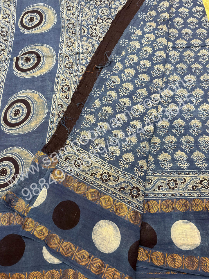 Blue , Ajrakh Handblock Printed with Rudraksh Border , Sungudi Cotton Saree