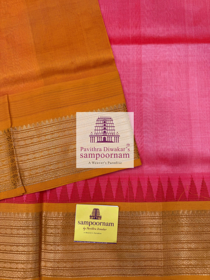 Peach Pink with Mustard , Traditional Temple Border and Grand Pallu Korvai Silk Cotton Saree