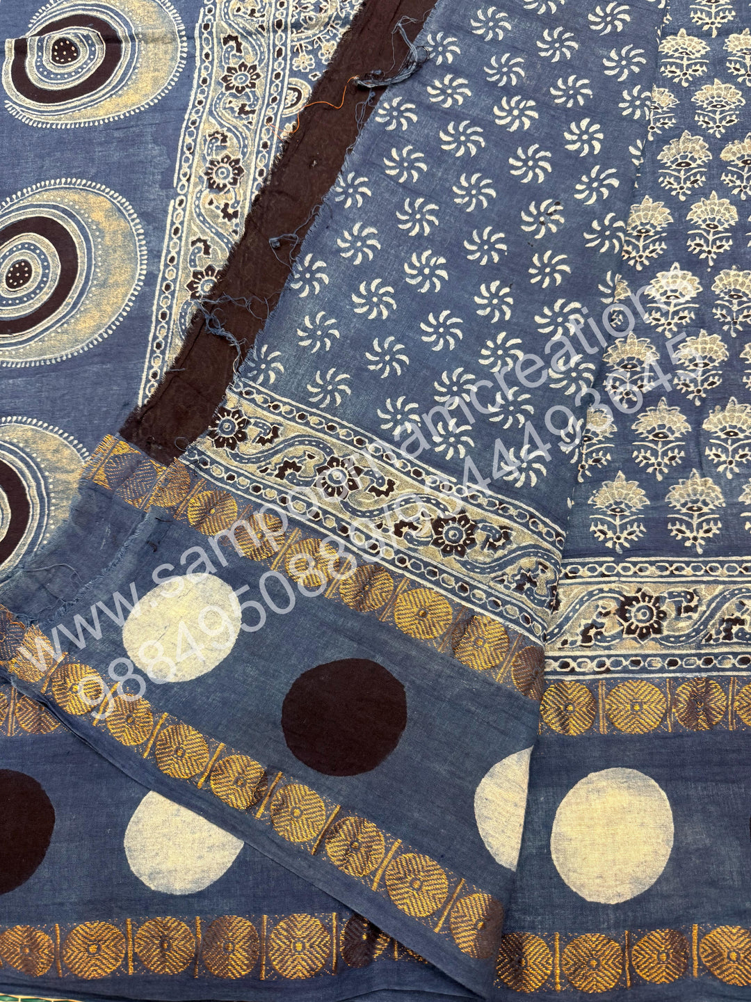 Blue , Ajrakh Handblock Printed with Rudraksh Border , Sungudi Cotton Saree