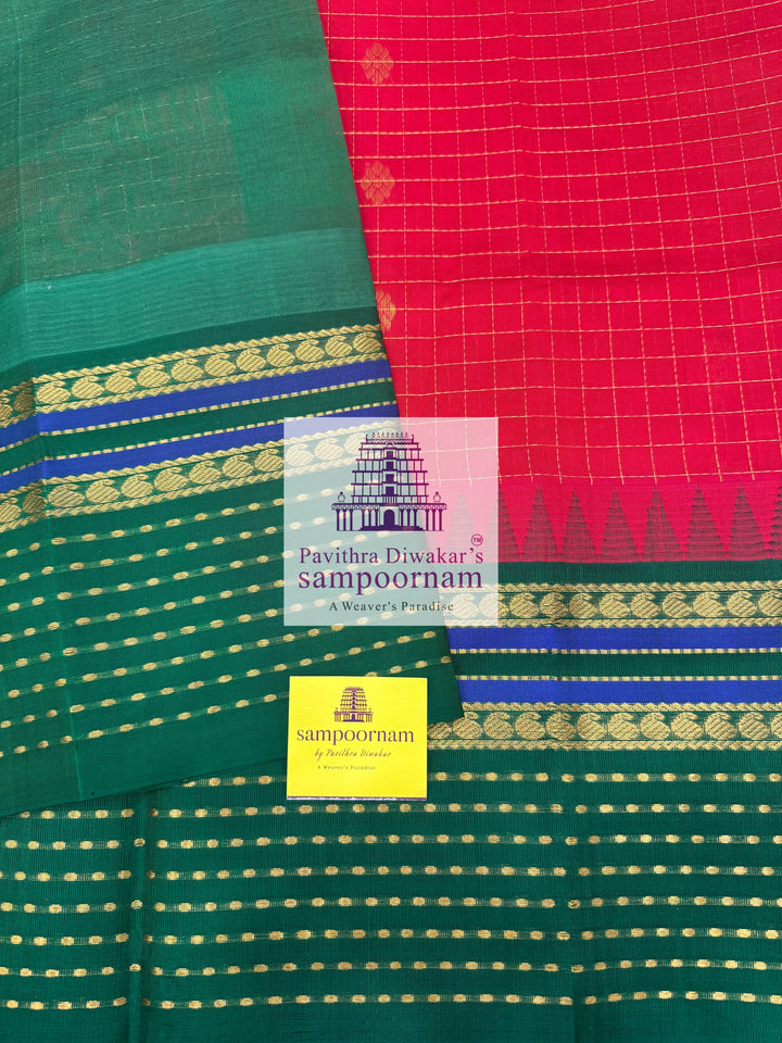 Red with Green, Lakshadeepam One Side Big Border, Zari Body Checks with Butta in the Body and Grand Pallu, Korvai Silk Cotton Saree