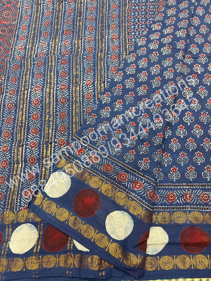 Blue , Ajrakh Handblock Printed with Rudraksh Border , Sungudi Cotton Saree