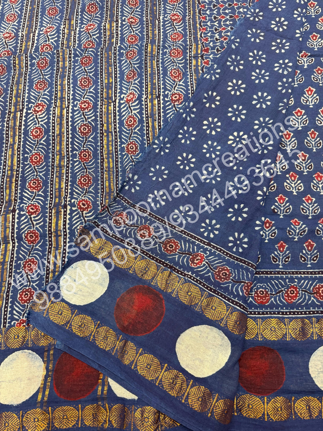 Blue , Ajrakh Handblock Printed with Rudraksh Border , Sungudi Cotton Saree