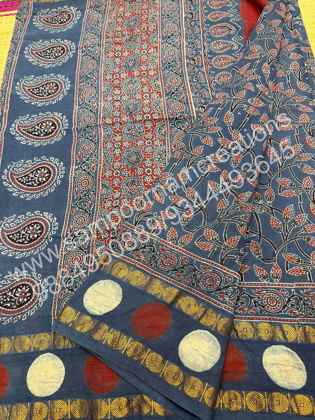 Blue , Ajrakh Handblock Printed with Rudraksh Border , Sungudi Cotton Saree