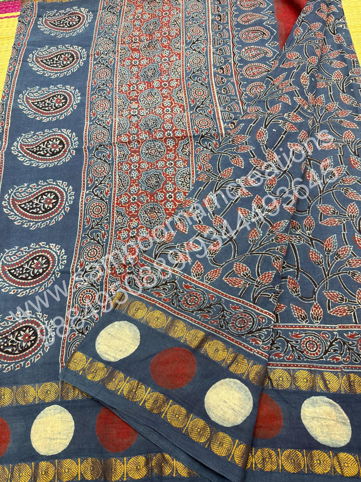 Blue , Ajrakh Handblock Printed with Rudraksh Border , Sungudi Cotton Saree