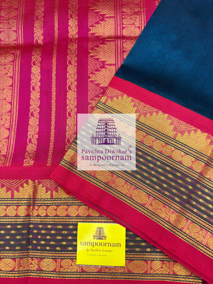 Mayilkazhuthu Blue with Pink, Lakshadeepam rettapet border, Zari Body Butta and Grand Pallu  Korvai Silk Cotton Saree