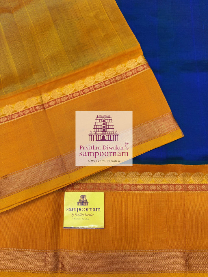MS Blue with Mustard, Traditional rettapet Border, Mango butta in the Body and Grand Pallu , Korvai Silk Cotton Saree