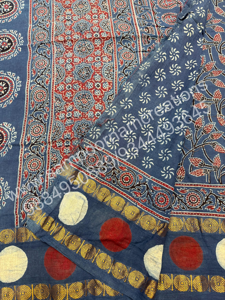 Blue , Ajrakh Handblock Printed with Rudraksh Border , Sungudi Cotton Saree