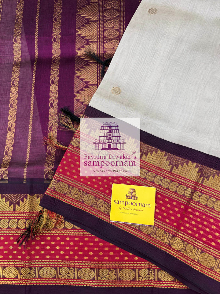 Light Grey with Dark Red, Body Zari Butta, Lakshadeepam Traditional Rettapet Borders, and Grand Pallu KSCS