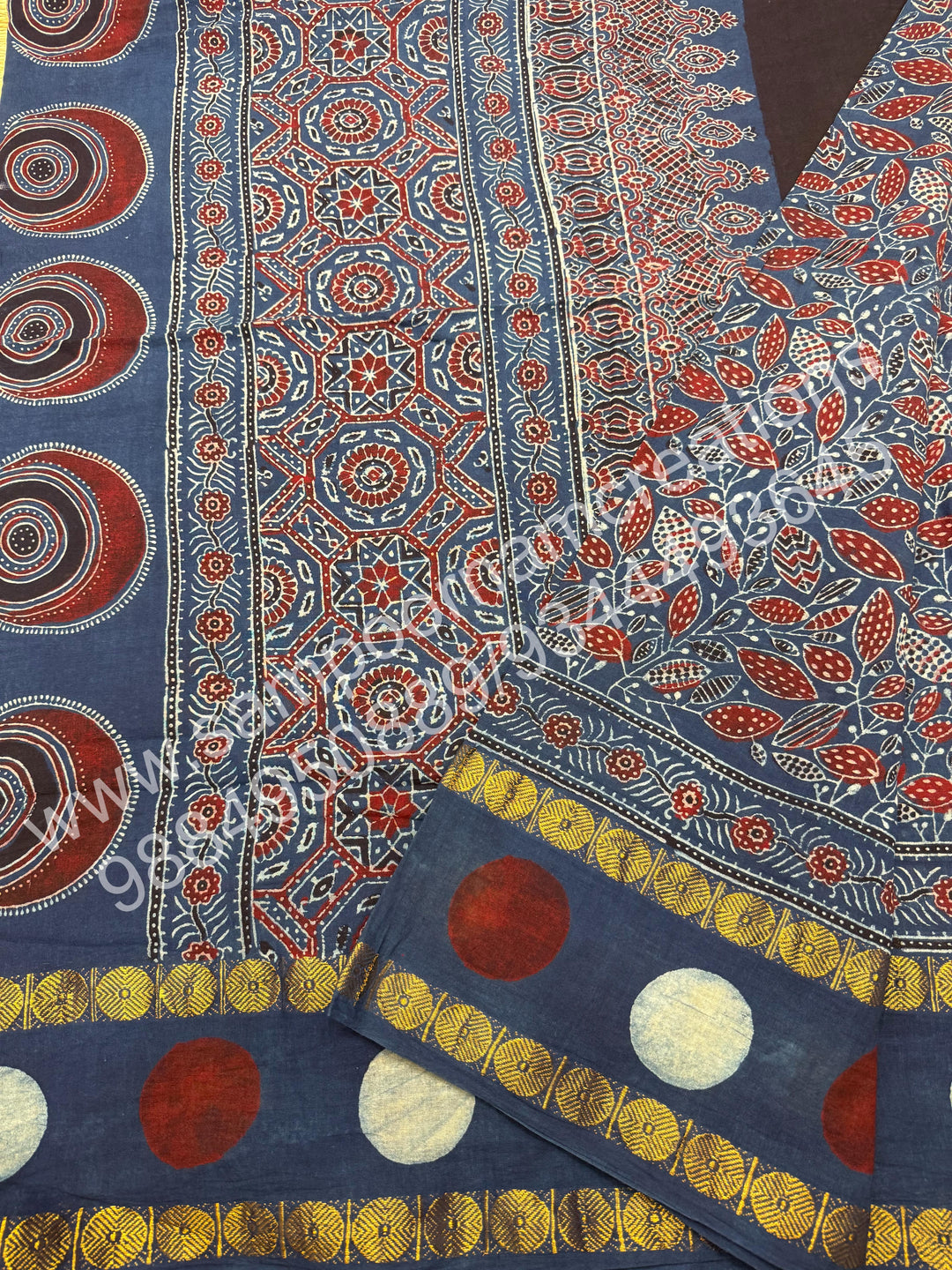 Blue , Ajrakh Handblock Printed with Rudraksh Border , Sungudi Cotton Saree