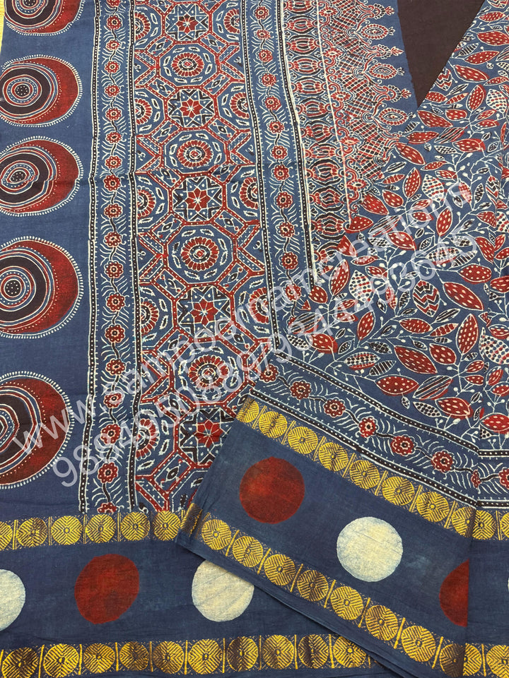 Blue , Ajrakh Handblock Printed with Rudraksh Border , Sungudi Cotton Saree