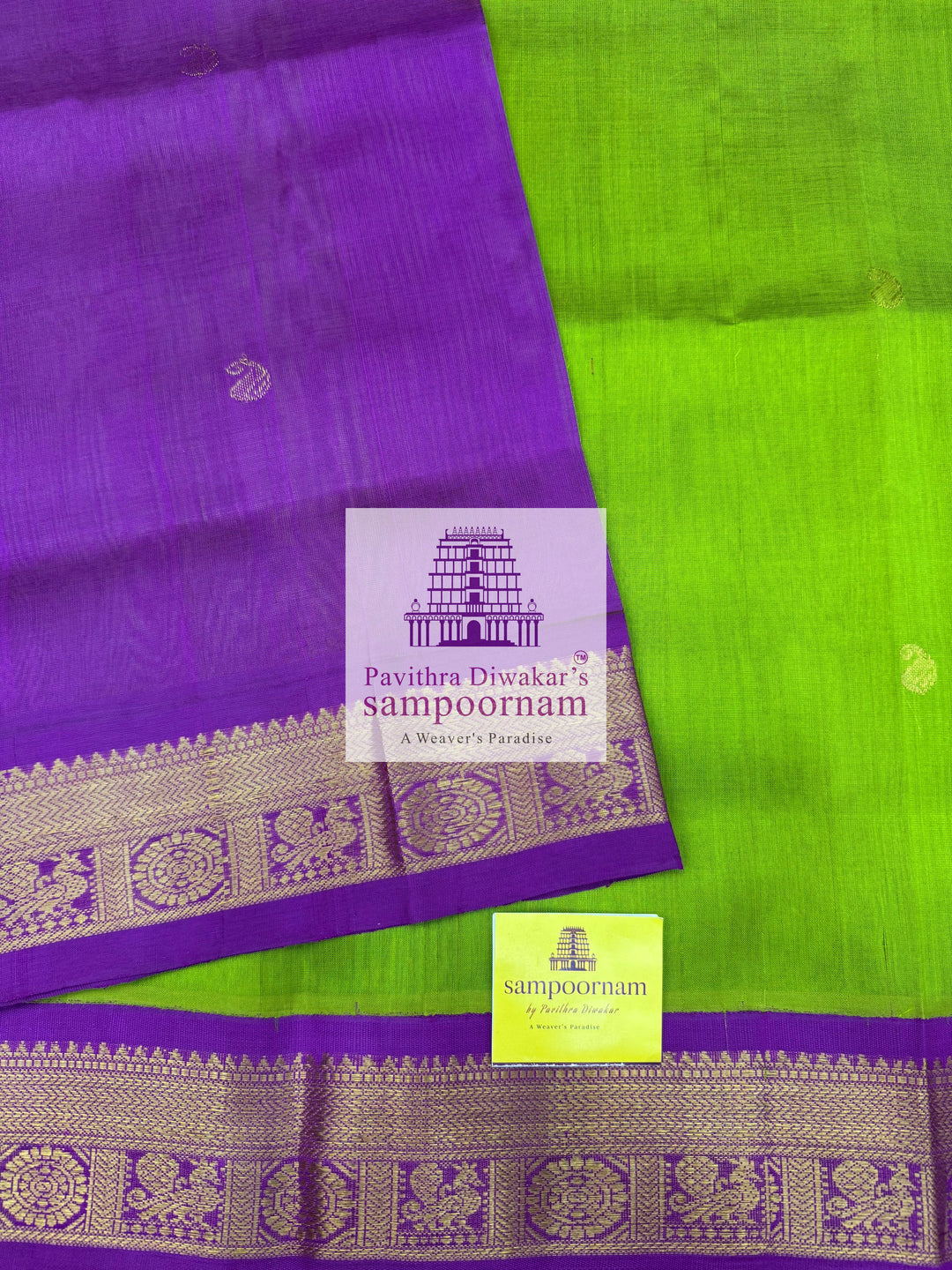 Parrot Green with Purple, Rich Zari Butta in the Body, traditional Borders and Grand Pallu, Korvai Silk Cotton Saree