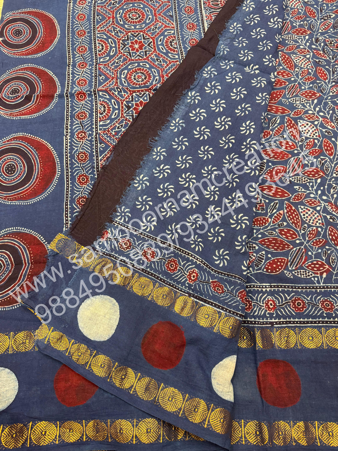 Blue , Ajrakh Handblock Printed with Rudraksh Border , Sungudi Cotton Saree