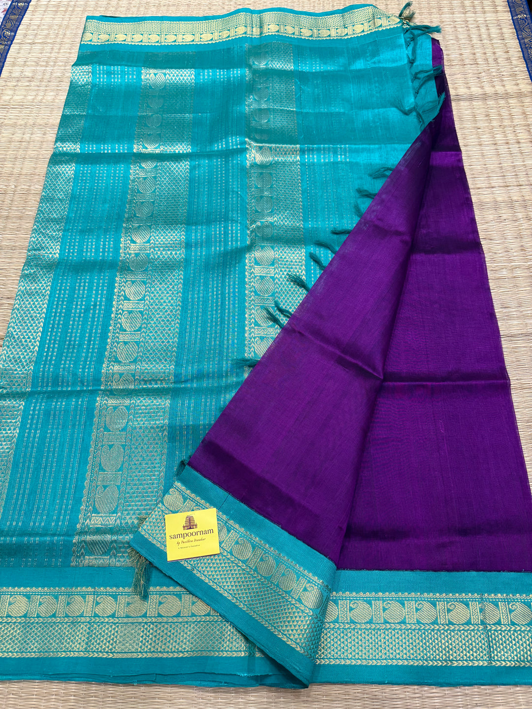 Purple with Turquoise Blue , traditional border rich pallu korvai silk cotton saree