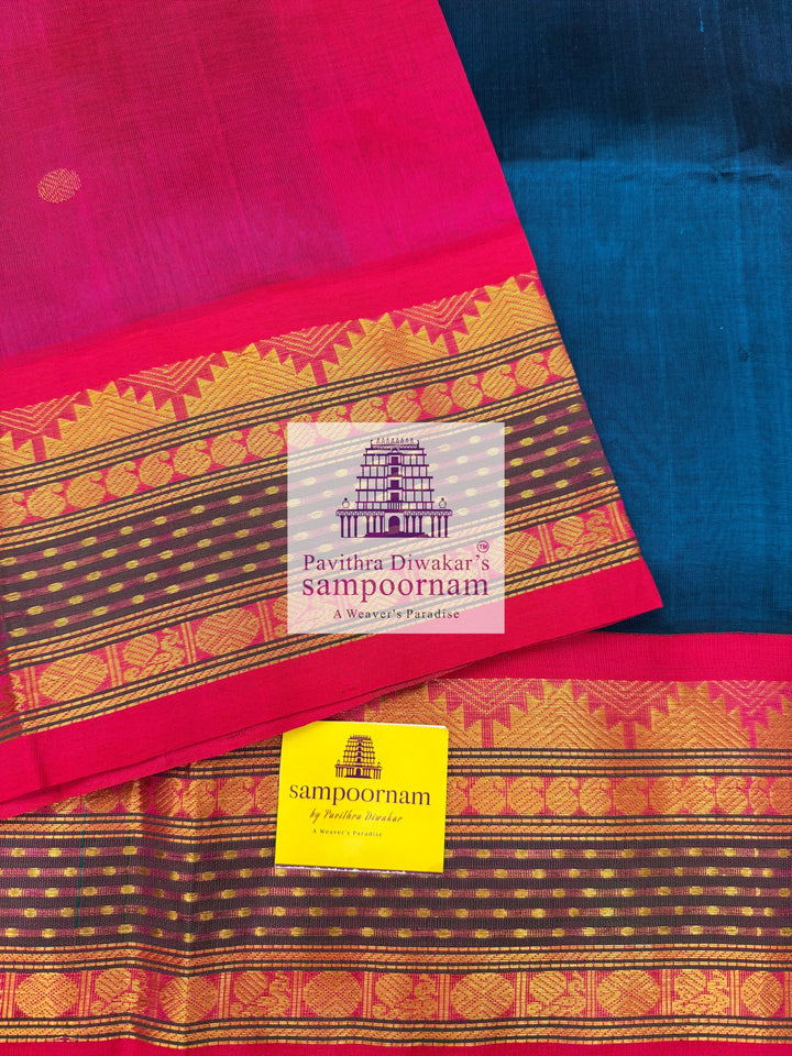 Mayilkazhuthu Blue with Pink, Lakshadeepam rettapet border, Zari Body Butta and Grand Pallu  Korvai Silk Cotton Saree