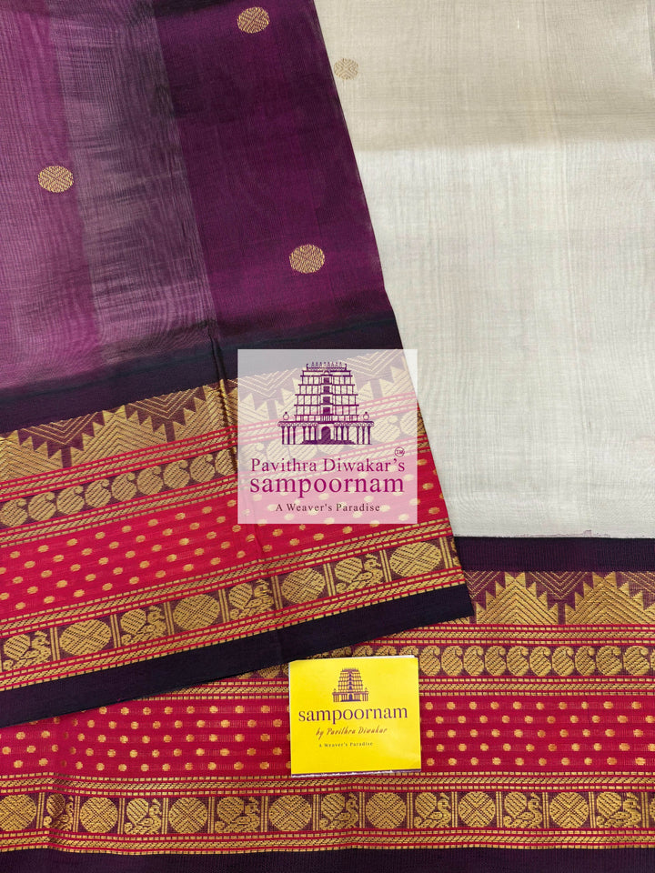 Light Grey with Dark Araku, Zari Body Butta in the Body, Traditional Rettapet Border with Lakshadeepam Butta and Grand Pallu, Korvai Silk Cotton Saree