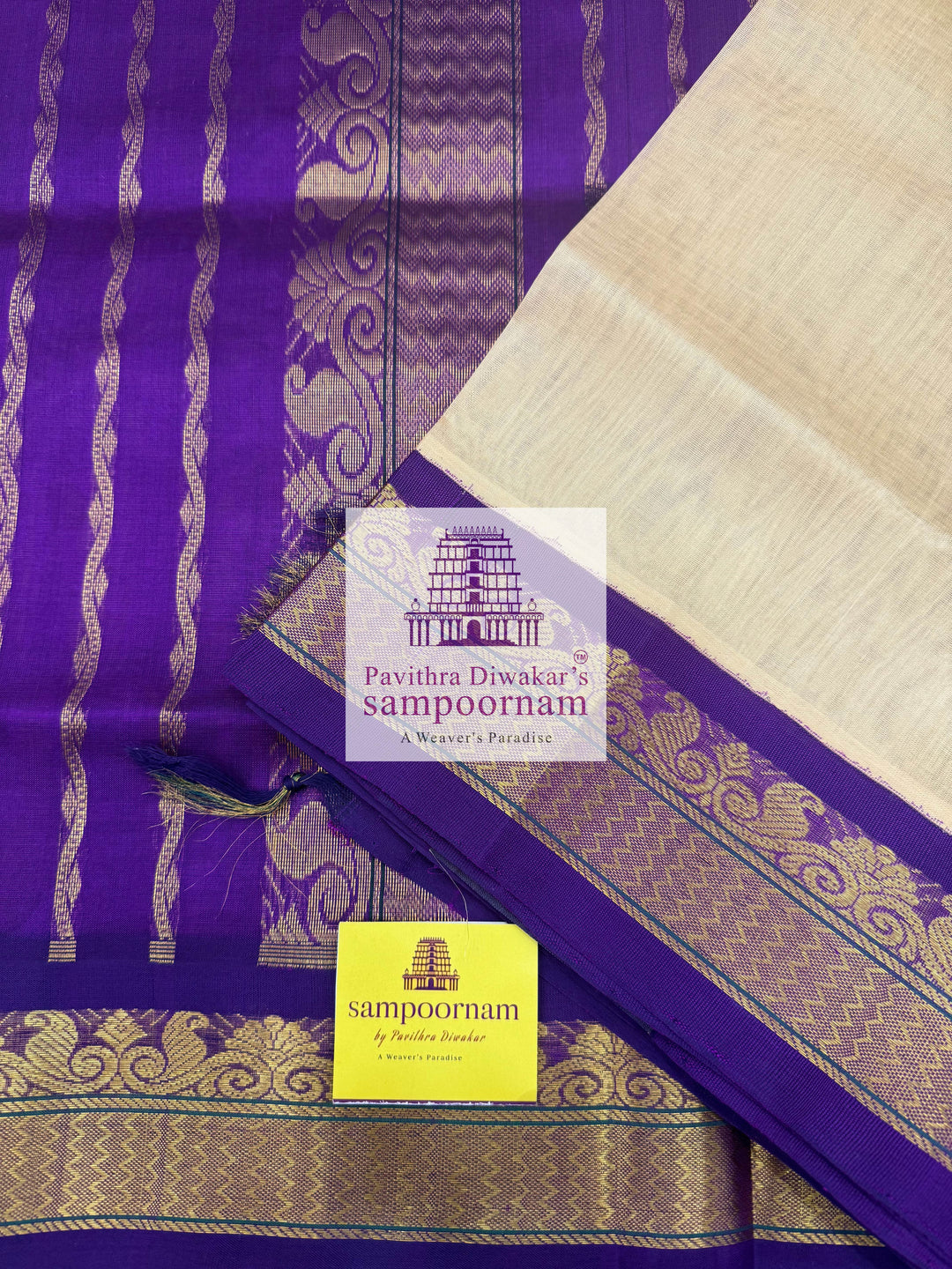 Biscuit with Purple, traditional Borders and Rich Pallu Korvai Silk Cotton Saree
