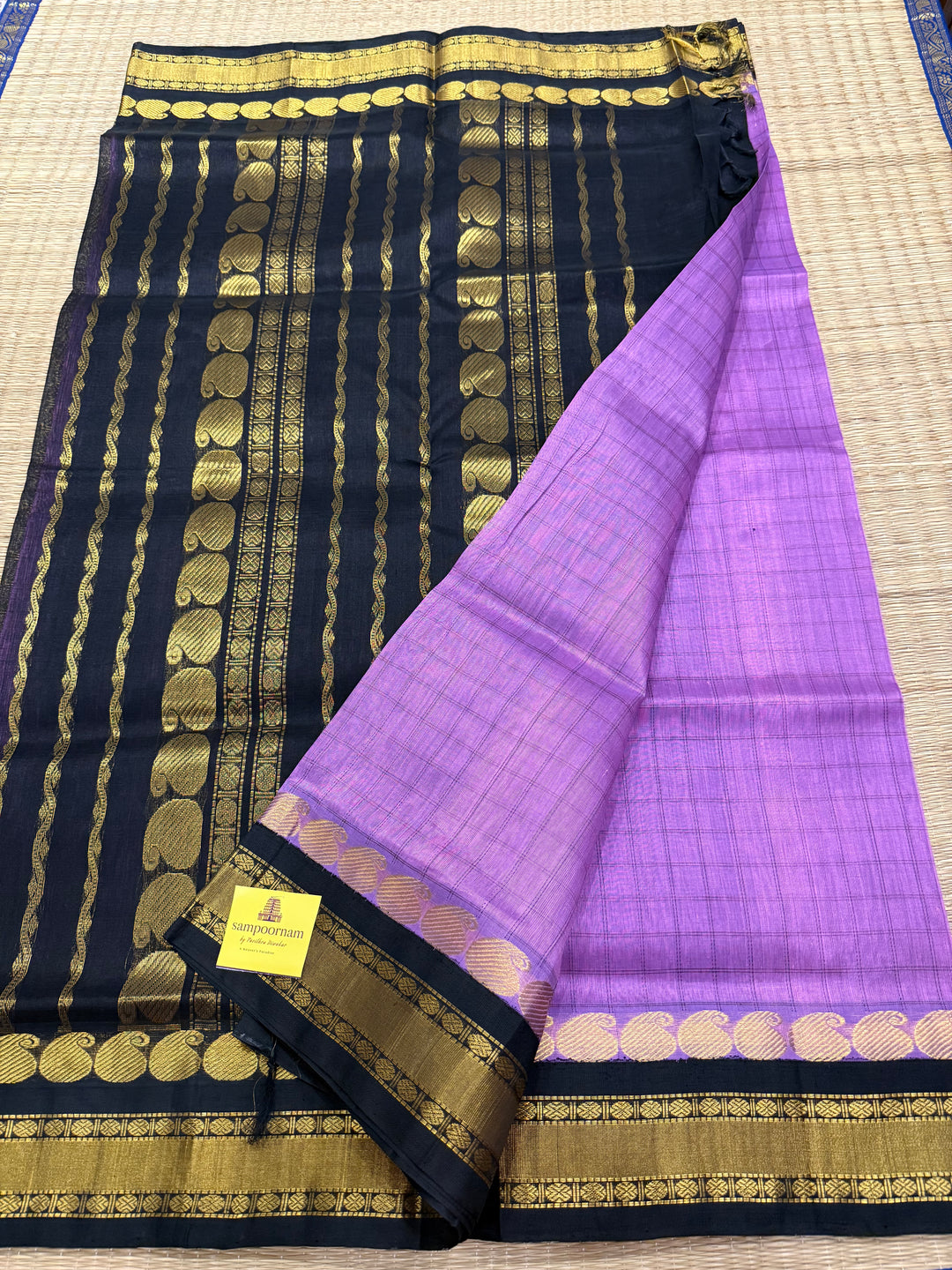 December Flower Lavender with Black colour ,full body checks ,traditional border rich pallu Korvai Silk Cotton Saree