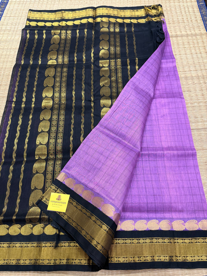 December Flower Lavender with Black colour ,full body checks ,traditional border rich pallu Korvai Silk Cotton Saree