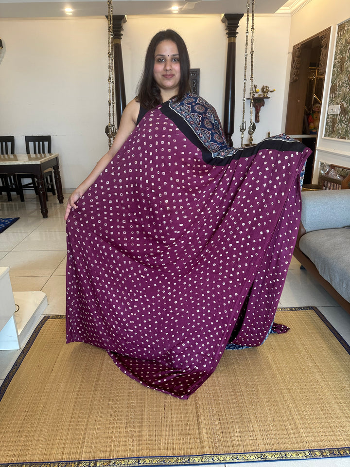 Dark Wine Purple Bhandej with Ajrakh Natural Handblock Printed Pure Modal Silk Saree