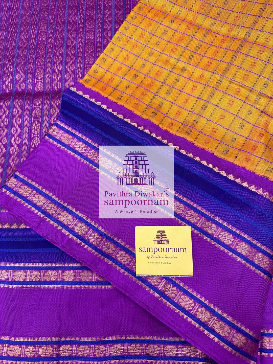 Mambazha manjal with Purple, Traditional Borders, Lakshadeepam thread Butta in the Body and Grand Pallu , Korvai Silk Cotton Saree