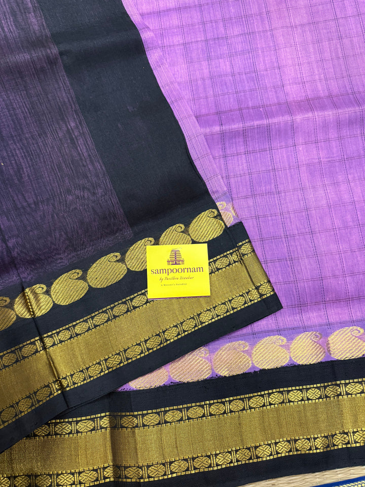December Flower Lavender with Black colour ,full body checks ,traditional border rich pallu Korvai Silk Cotton Saree