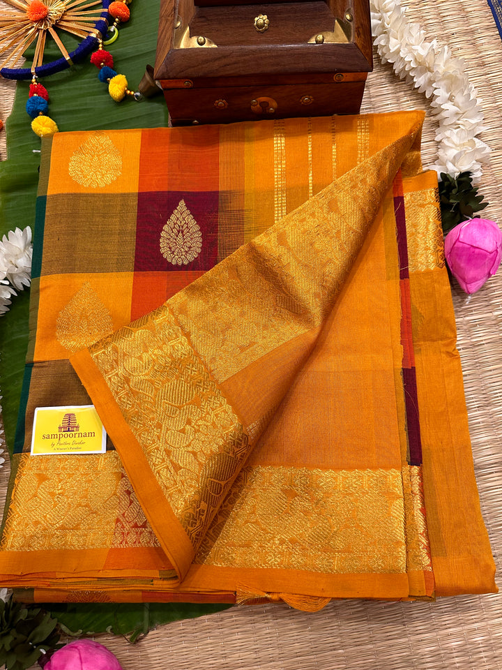 Mustard, Orange,Green, Maroon Big Butta Pallum Pazham Kattam Saree