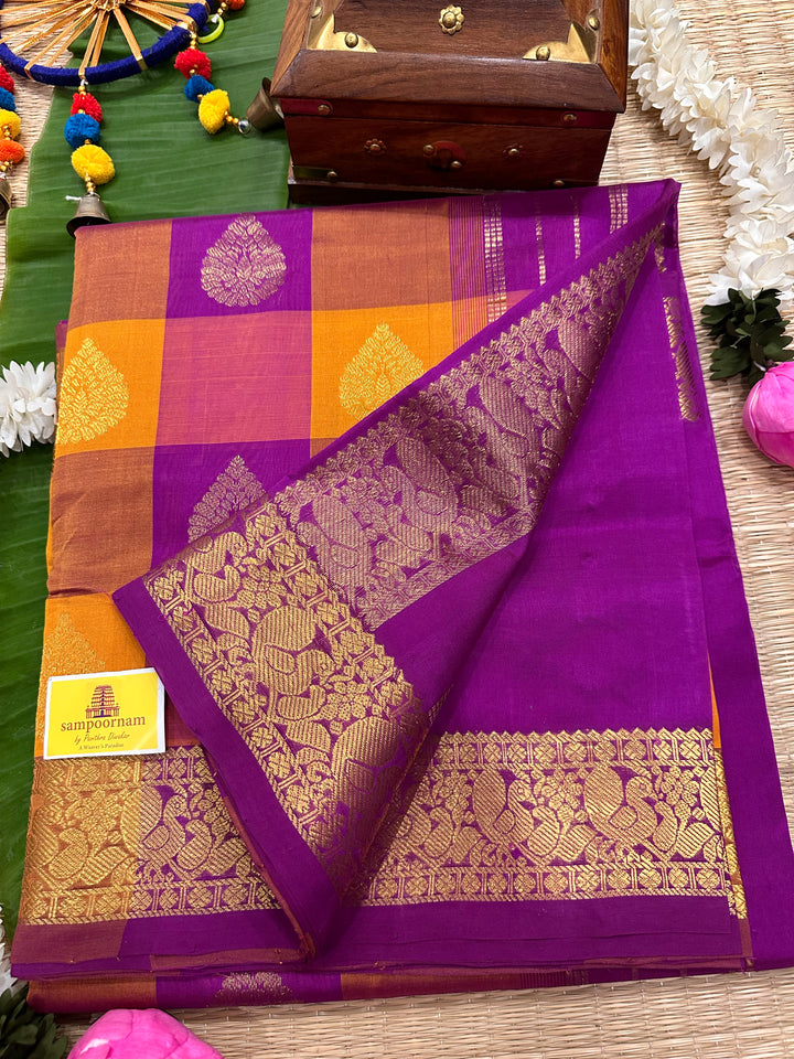 Orange with Dark Magenta Big Butta Pallum Pazham Kattam Silk Cotton Saree