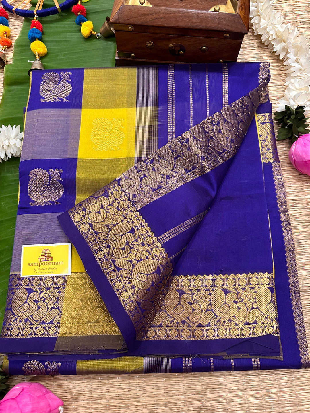 Lemon Yellow with Blue Big Butta Pallum Pazham Kattam Silk Cotton Saree