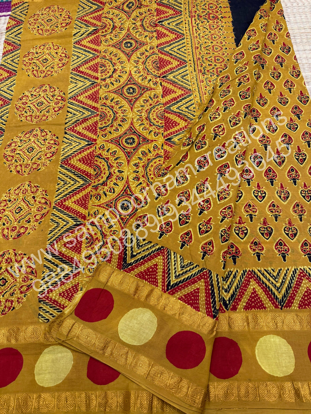 Mustard , Ajrakh Handblock Printed with Rudraksh Border , Sungudi Cotton Saree