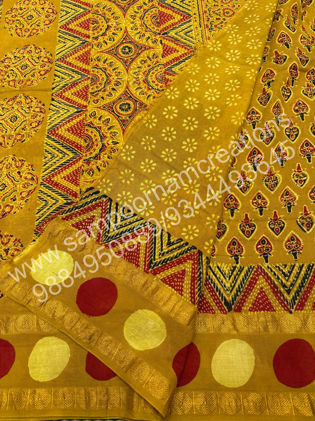 Mustard , Ajrakh Handblock Printed with Rudraksh Border , Sungudi Cotton Saree